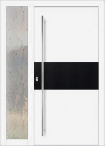 Megan et - jednostronna nakładka; farba - ral9016; ozdobná aplikacje - ral9005; przeszklenie - altdeutsch; pochwyt - md05k; rozeta - re03op; naświetle boczne