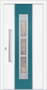 Marion et - jednostronna nakładka; farba - ral9003; rowek dekoracyjny - ral5021; ramka - stal nierdzewna; przeszklenie - altdeutsch; pochwyt - md50k; rozeta - re03op